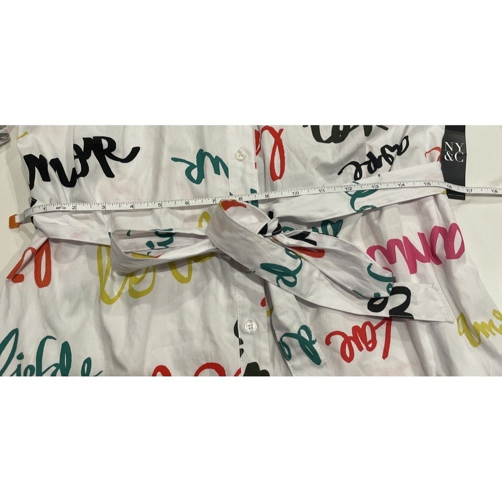 NY and Company Womens White Love Script Button Down Shirt Dress Belted L - Picture 7 of 7